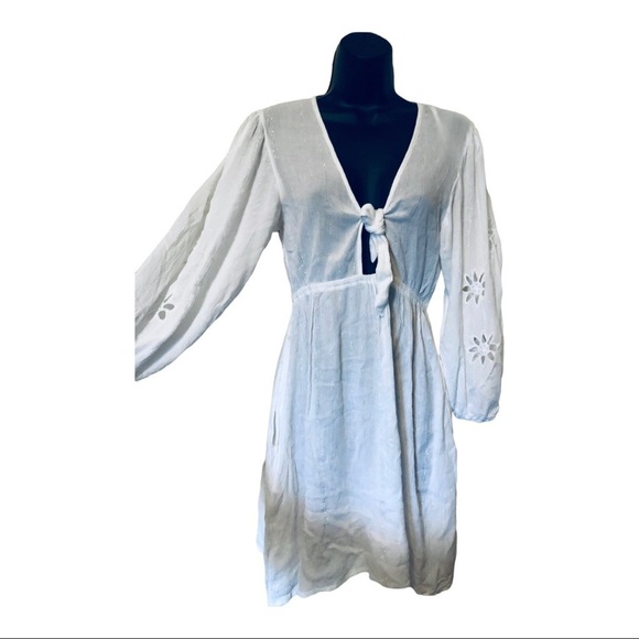 Blue island white front tie eyelet cutout sleeves coverup dress size XS new - Picture 9 of 16